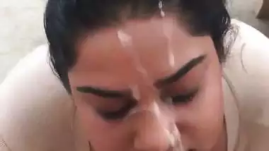 Big boob babe takes thick Indian cum in mouth